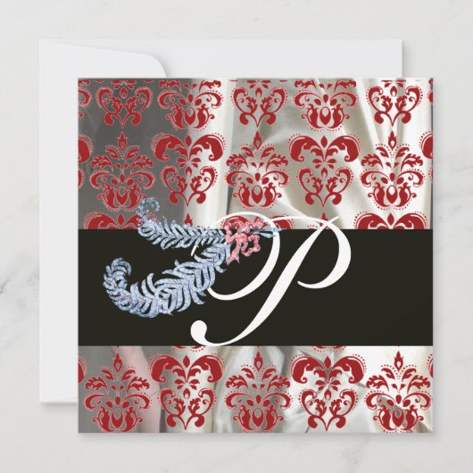DIAMOND FEATHERS RED WHITE SILK DAMASK MONOGRAM EINLADUNG (Vorderseite)