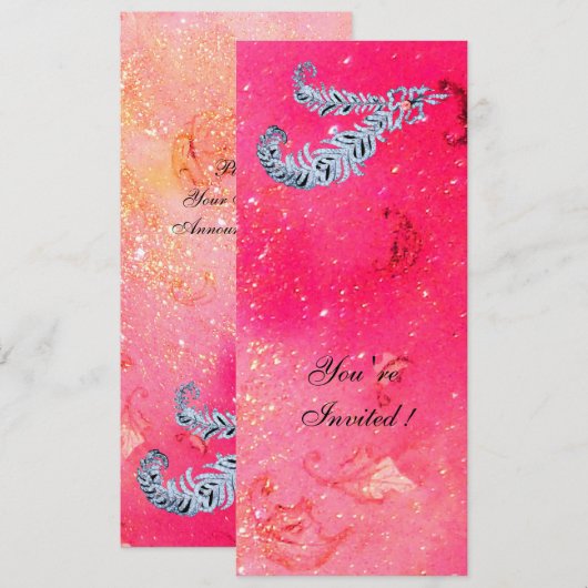 DIAMOND FEATHERS, rosa Glitzern Einladung (Vorne/Hinten)