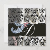 DIAMOND FEATHERS SILVER BLACK SILK DAMASK MONOGRAM EINLADUNG (Vorderseite)
