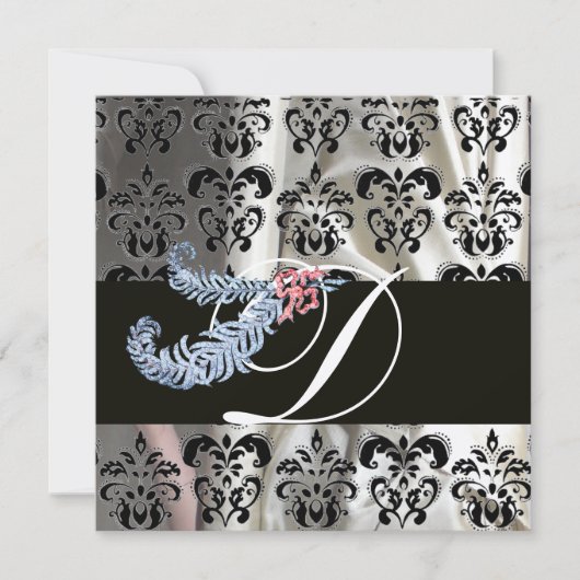 DIAMOND FEATHERS SILVER BLACK SILK DAMASK MONOGRAM EINLADUNG (Vorderseite)