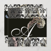 DIAMOND FEATHERS SILVER BLACK SILK DAMASK MONOGRAM EINLADUNG (Vorne/Hinten)