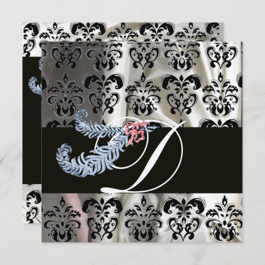 DIAMOND FEATHERS SILVER BLACK SILK DAMASK MONOGRAM EINLADUNG (Vorne/Hinten)
