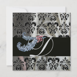 DIAMOND FEATHERS SILVER BLACK SILK DAMASK MONOGRAM EINLADUNG