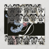 DIAMOND FEATHERS WHITE BLACK SILK DAMASK MONOGRAM EINLADUNG (Vorne/Hinten)