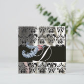 DIAMOND FEATHERS WHITE BLACK SILK DAMASK MONOGRAM EINLADUNG (Stehend Vorderseite)