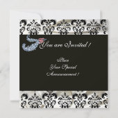 DIAMOND FEATHERS WHITE BLACK SILK DAMASK MONOGRAM EINLADUNG (Rückseite)