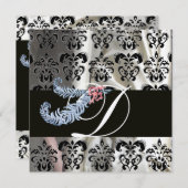 DIAMOND FEATHERS WHITE BLACK SILK DAMASK MONOGRAM EINLADUNG (Vorne/Hinten)
