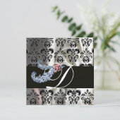 DIAMOND FEATHERS WHITE BLACK SILK DAMASK MONOGRAM EINLADUNG (Stehend Vorderseite)