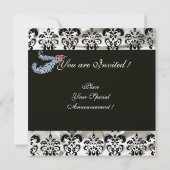 DIAMOND FEATHERS WHITE BLACK SILK DAMASK MONOGRAM EINLADUNG (Rückseite)