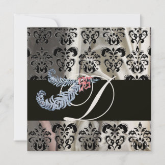 DIAMOND FEATHERS WHITE BLACK SILK DAMASK MONOGRAM EINLADUNG