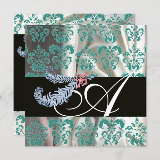 DIAMOND FEATHERS WHITE BLUE SILK DAMASK MONOGRAM EINLADUNG (Vorne/Hinten)