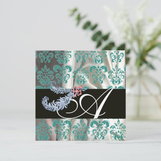 DIAMOND FEATHERS WHITE BLUE SILK DAMASK MONOGRAM EINLADUNG (Stehend Vorderseite)