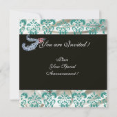 DIAMOND FEATHERS WHITE BLUE SILK DAMASK MONOGRAM EINLADUNG (Rückseite)