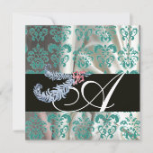 DIAMOND FEATHERS WHITE BLUE SILK DAMASK MONOGRAM EINLADUNG (Vorderseite)