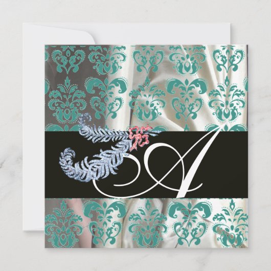 DIAMOND FEATHERS WHITE BLUE SILK DAMASK MONOGRAM EINLADUNG (Vorderseite)