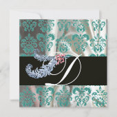 DIAMOND FEATHERS WHITE BLUE SILK DAMASK MONOGRAM EINLADUNG (Vorderseite)
