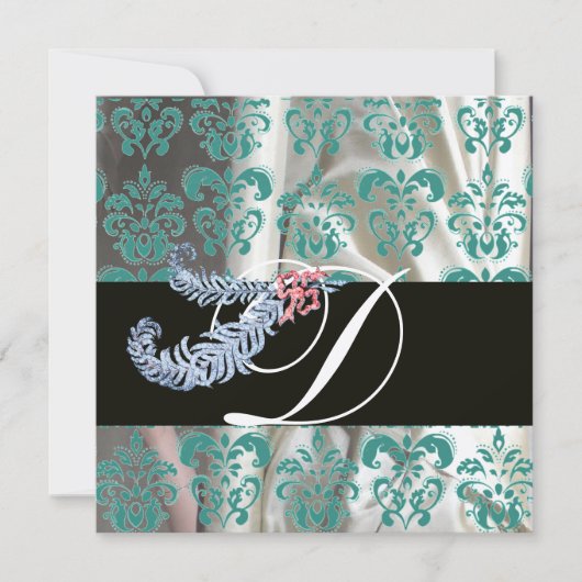 DIAMOND FEATHERS WHITE BLUE SILK DAMASK MONOGRAM EINLADUNG (Vorderseite)