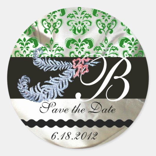 DIAMOND FEATHERS WHITE GREEN SILK DAMASK MONOGRAM RUNDER AUFKLEBER (Vorderseite)