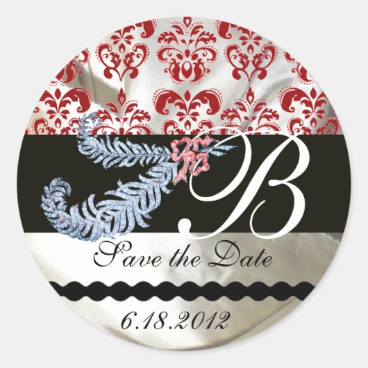 DIAMOND FEATHERS WHITE RED SILK DAMASK MONOGRAM RUNDER AUFKLEBER (Vorderseite)