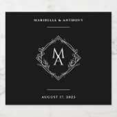 Diamond Floral Monogram Black Wedding Schaumweinetikett (Einzelnes Label)