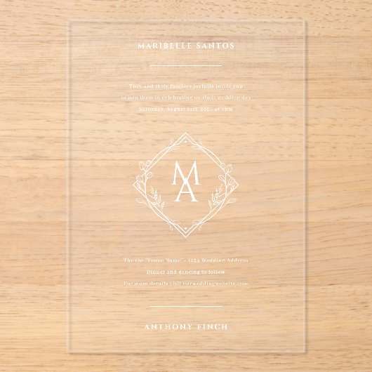 Diamond Floral Monogram Wedding Acryleinladungen (Vorderseite)