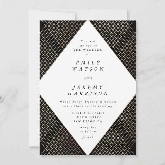 Diamond Geometric Black Deko Gold Gatsby Wedding Einladung (Vorderseite)