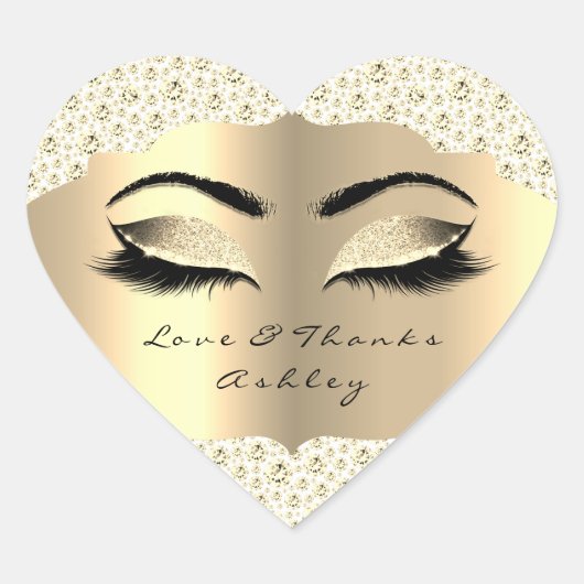 Diamond Glitzer Gold Lash Eyes Liebe & Danke White Herz-Aufkleber (Vorderseite)