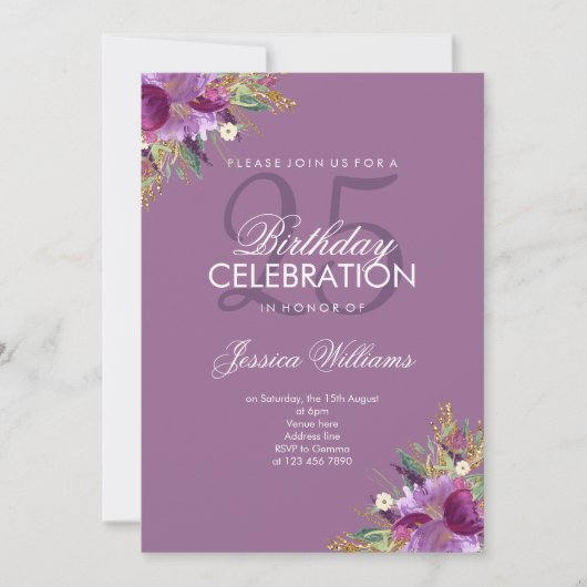 Diamond Glitzer Watercolor Blume Mauve Birthday Einladung (Vorderseite)