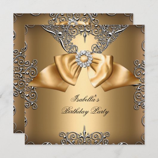 Diamond Gold Beige Bow Silver Elegant Geburtstag Einladung (Vorne/Hinten)