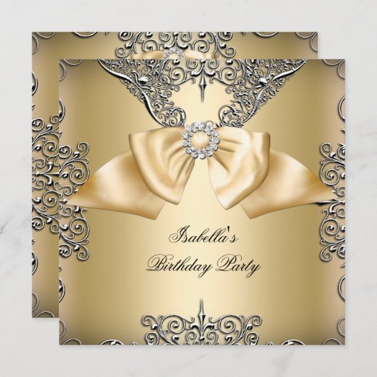 Diamond Gold Cream Bow Silver Elegante Geburtstag Einladung (Vorne/Hinten)