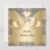 Diamond Gold Cream Bow Silver Elegante Geburtstag Einladung (Vorderseite)