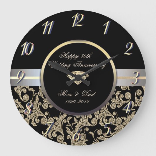 Diamond Gold Swirls 50th Wedding Anniversary Große Wanduhr (Vorderseite)