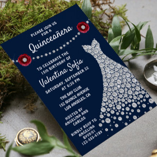 Diamond Gown Navy Blue Chic Modern Quinceañera Einladung