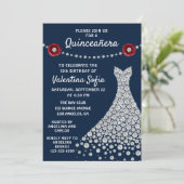 Diamond Gown Navy Blue Chic Modern Quinceañera Einladung (Stehend Vorderseite)