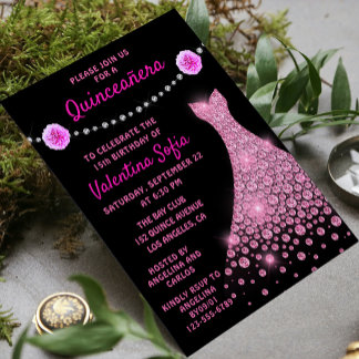 Diamond Gown Pink Rose Modern Quinceañera Einladung