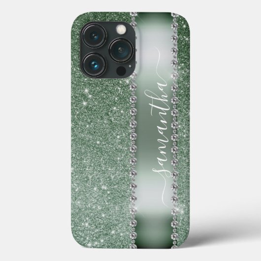 Diamond Green Glitzer Calligraphy Monogram Name Case-Mate iPhone Hülle (Rückseite)