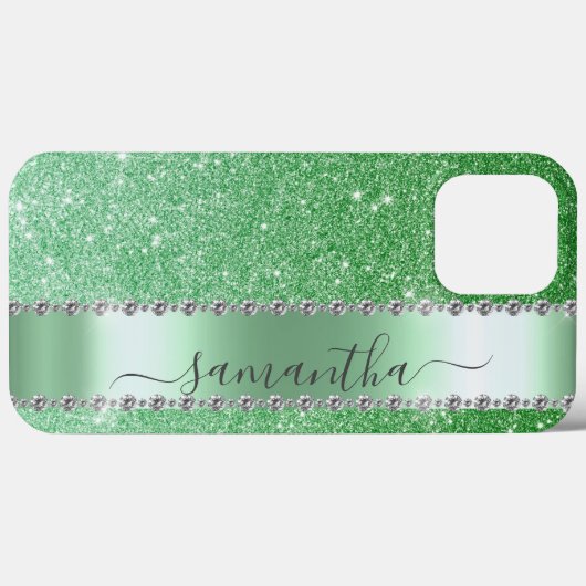 Diamond Green Glitzer Calligraphy Monogram Name Case-Mate iPhone Hülle (Rückseite (Horizontal))