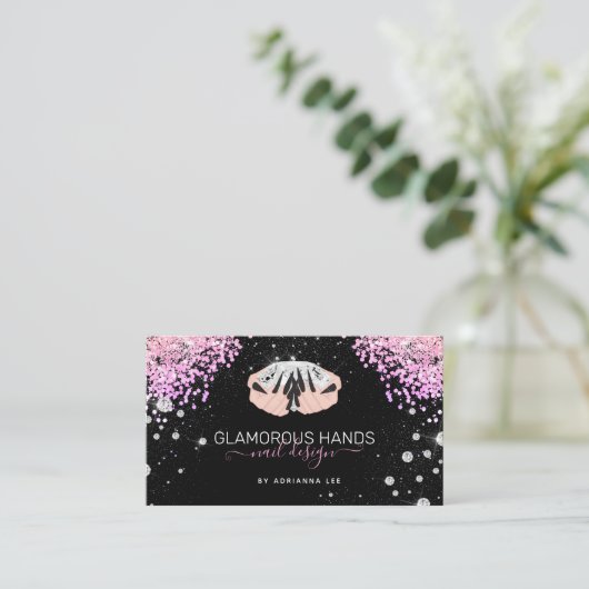 Diamond Hands Pink Glitzer Black Nails Nail Tech B Visitenkarte (Stehend Vorderseite)