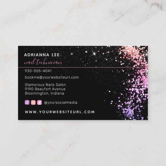 Diamond Hands Pink Glitzer Black Nails Nail Tech B Visitenkarte (Rückseite)