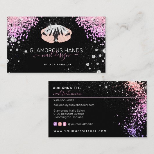 Diamond Hands Pink Glitzer Black Nails Nail Tech B Visitenkarte (Vorne/Hinten)