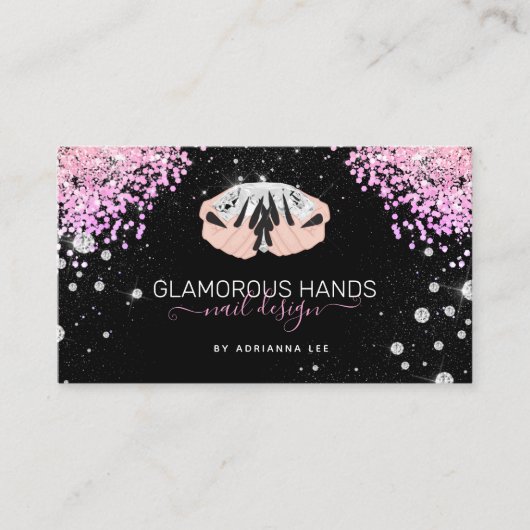 Diamond Hands Pink Glitzer Black Nails Nail Tech B Visitenkarte (Vorderseite)