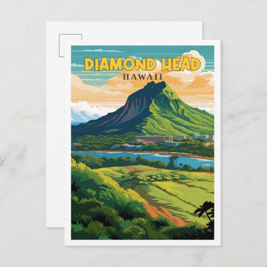 Diamond Head Hawaii Vintage-Illustration Postkarte (Vorne/Hinten)