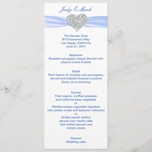 Diamond Heart Blue Wedding Menu Card Menükarte (Vorderseite)