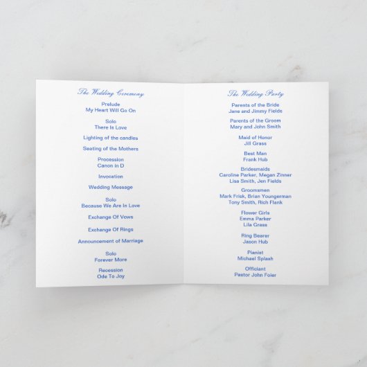 Diamond Heart Blue Wedding Program Card Programm (Innenseite)