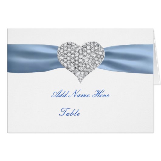 Diamond Heart Blue Wedding Table Platzkarte (Vorderseite (Horizontal))