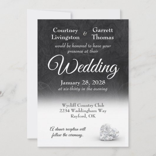 Diamond Heart Elegance Black & White Wedding Einladung (Vorderseite)