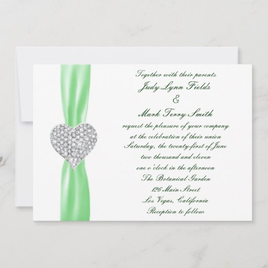 Diamond Heart Green Wedding Einladung (Vorderseite)