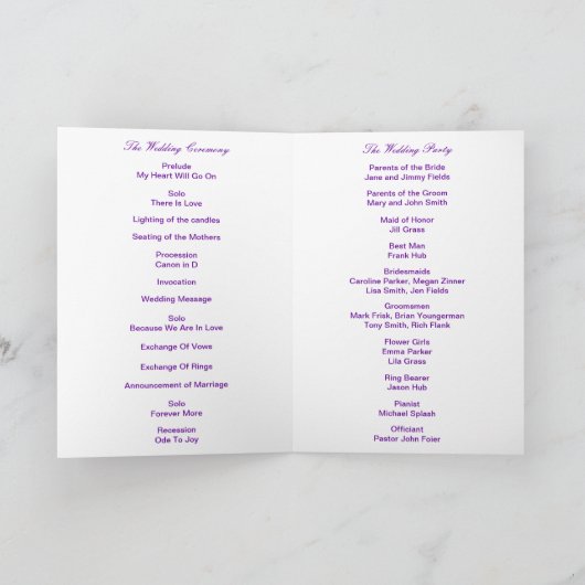 Diamond Heart Lila Wedding Program Card Programm (Innenseite)