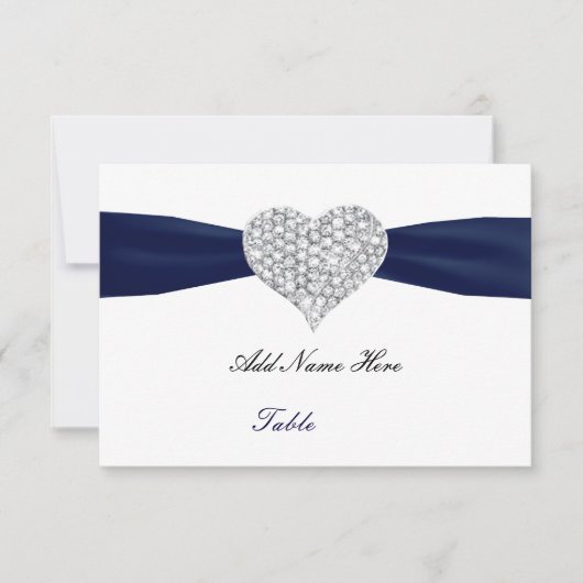 Diamond Heart Navy Blue Wedding Table Platzkarte (Vorderseite)