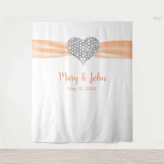 Diamond Heart Orange Ribbon Wedding Background Wandteppich (Vorderseite)